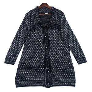 Chicos Cardigan Womens Size 2 Black Optic Flared Collar Texture Sweater Coat
